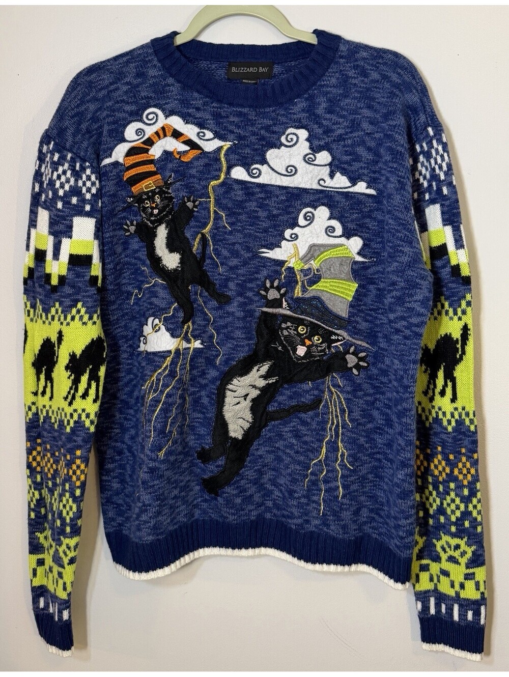 Blizzard Bay Women’s Halloween Cat Wizard Witchy Ugly Knit Sweater EUC Med